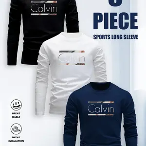 Men's three-piece set with long-sleeved shirt and round-neck casual T-shirt with letter pattern  Suitable for home, dates and outdoor activities
