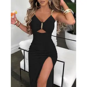 Women's Chain Decor Eyelet Embroidery Ruched Cut Out Backless Split Thigh Cami, Solid Color Sleeveless Spaghetti Strap Long Dress for Party Club Dating Wear, Ladies Summer Clothes Elegant Slit Hem
