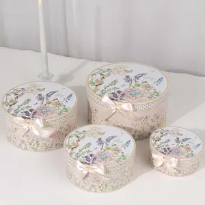Set of 4 Cardstock Round Nesting Gift Boxes Blush Floral Design - Decorative Heavy Duty Stackable Keepsake Boxes With Lids for Presents Storage & Pedestal Stand 5",7",8",9"