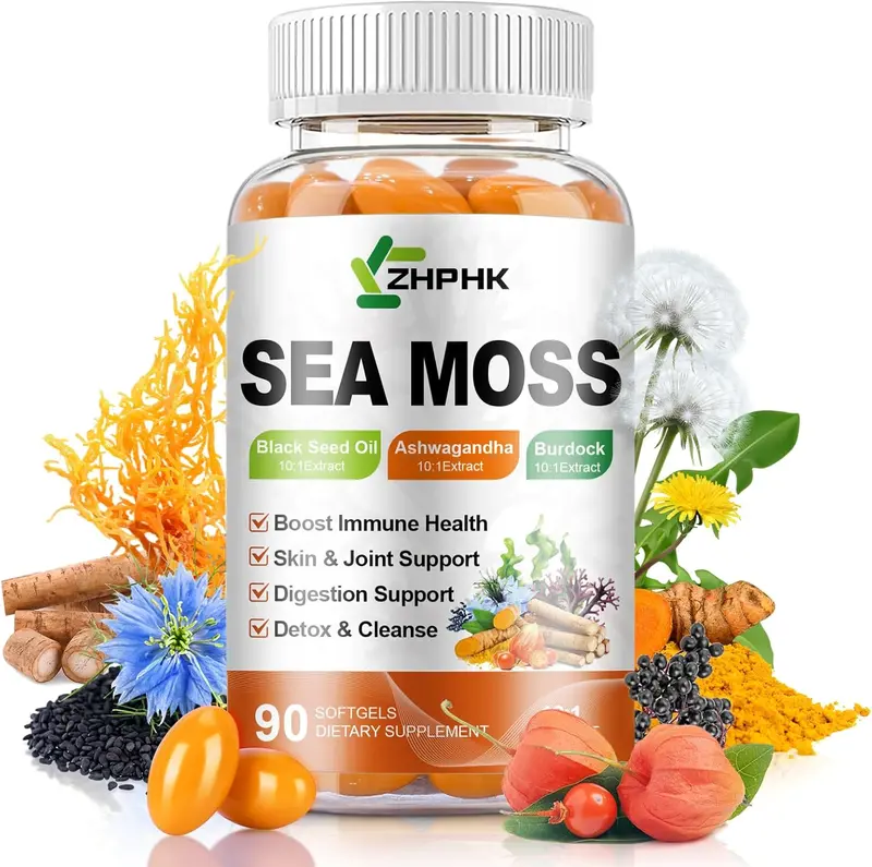 Organic Sea Moss Softgels with Black Seed Oil, Ashwagandha, Burdock, Turmeric, Elderberry, Omega 3 for Immune System, Skin, Joint, Energy, Gut Support 90-Count, 45 Days Supply