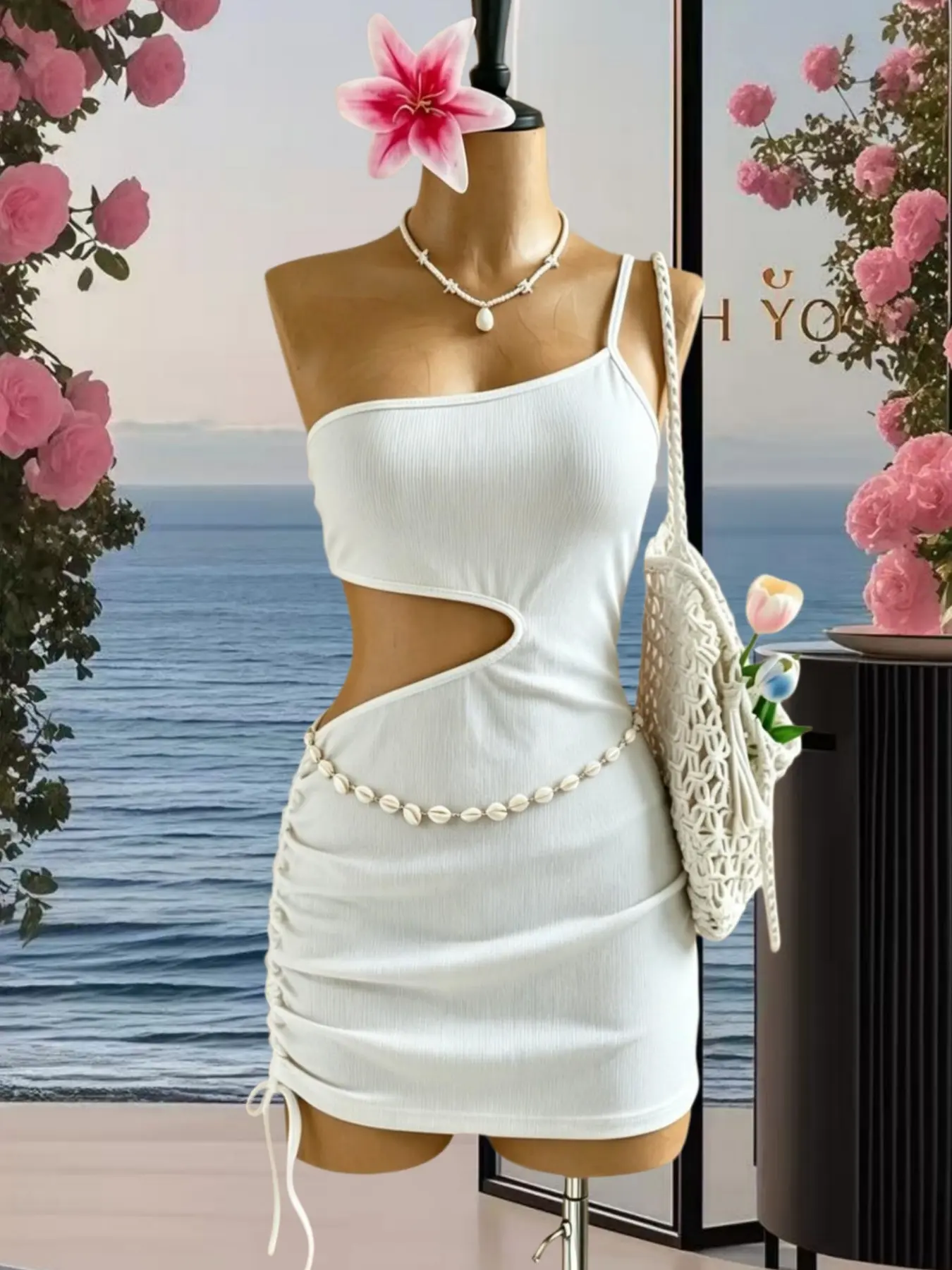 French Pure Desire Bodycon Skirt, One-Shoulder Strappy Waist Reveal, Drawstring Pleated Slimming Dress, Casual Graphic Skirt