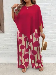 Women's Plus Size Two-Piece Set, Loose Batwing Sleeve Top & Wide Leg Pants, Casual Summer Vacation, Comfortable and Stylish Outfit