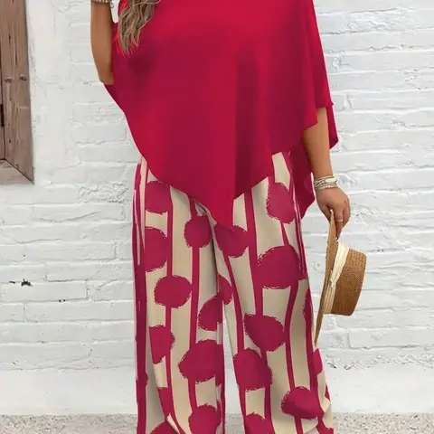 Plus Size Two-Piece Women's Set Clothes, Loose Drape Batwing Top and Wide Leg Pants, Casual Summer Vacation, Comfortable and Stylish