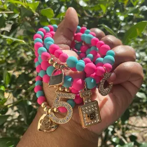 Designer Inspired Sets - Pink & Teal Beaded Bracelets with Gold Charms for Stylish Accessory