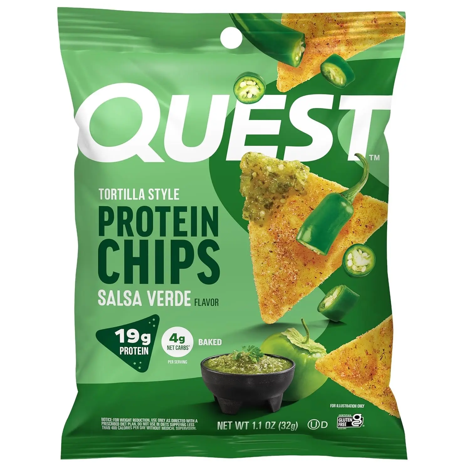 Quest Protein Chips, Salsa Verde Flavor - 8 Pack Single Serve Gluten Free Snacks (1.1 oz Bags, 19g High Protein)