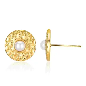 Aprilery Round Textured Disc Stud Earrings with Luminous Center Accent, Vintage-Inspired Geometric Circle Design, Elegant Statement Earrings for Women, Daily Wear or Special Occasion Styling Gift