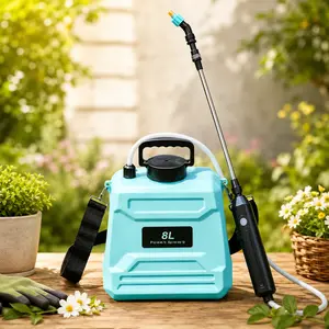 Two portable electric garden watering pots (5L/8L), featuring a telescopic pole, adjustable strap, and adjustable nozzle; suitable for watering, weeding, and other scenarios. Average battery runtime is up to 200 minutes.