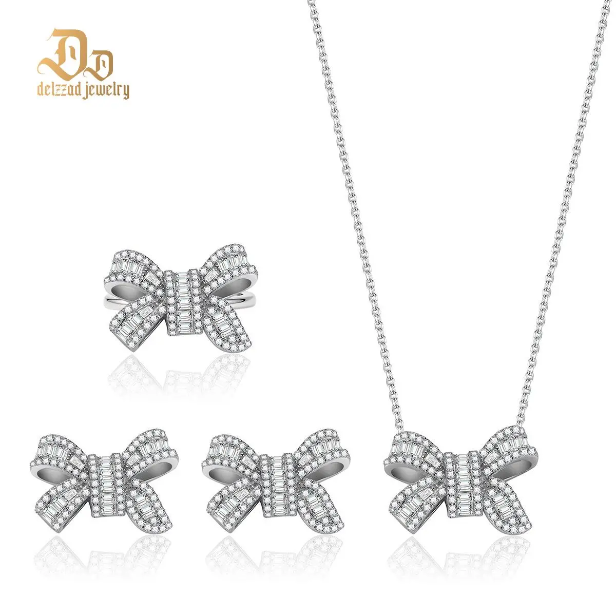 Delzzad Eternal Knot Set Luxury Bow Jewelry Set Ribbon Stud Earrings Ring Necklace Set VVS Synthetic Moissanite Jewelry S925/Copper Band Perfect Birthday Engagement Wedding Anniversary Christmas Valentine's Day Mother's Day Gift