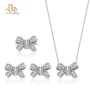 Delzzad Eternal Knot Set Luxury Bow Jewelry Set Ribbon Stud Earrings Ring Necklace Set VVS Synthetic Moissanite Jewelry S925/Copper Band Perfect Birthday Engagement Wedding Anniversary Christmas Valentine's Day Mother's Day Gift