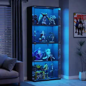FREDEES Display Cabinet with Glass Doors,66' Curio Cabinet with Adjustable Shelf and Lockable,4-Tier Bookcase with 3 Color Lights for Collectibles,Storage Cabinets with Human Body for Books,Toys
