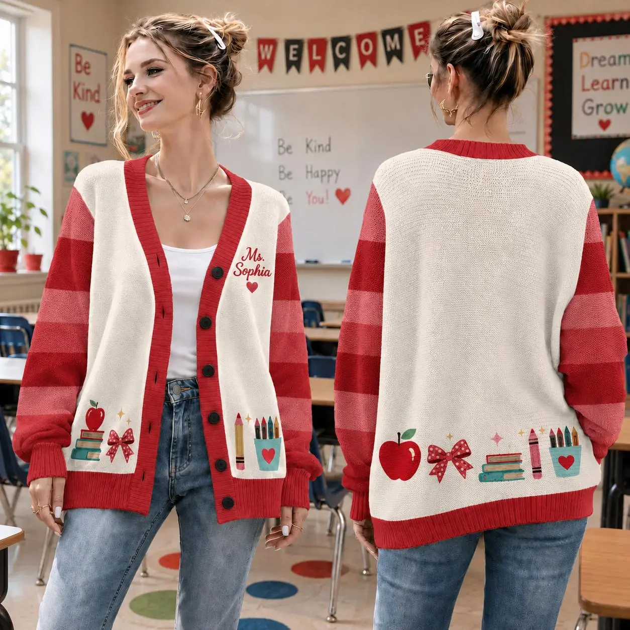 Personalized Teacher Cardigan Sweater, Custom Teacher Name Knit Cardigan, Back to School Teacher Gift, Cute Classroom Apparel