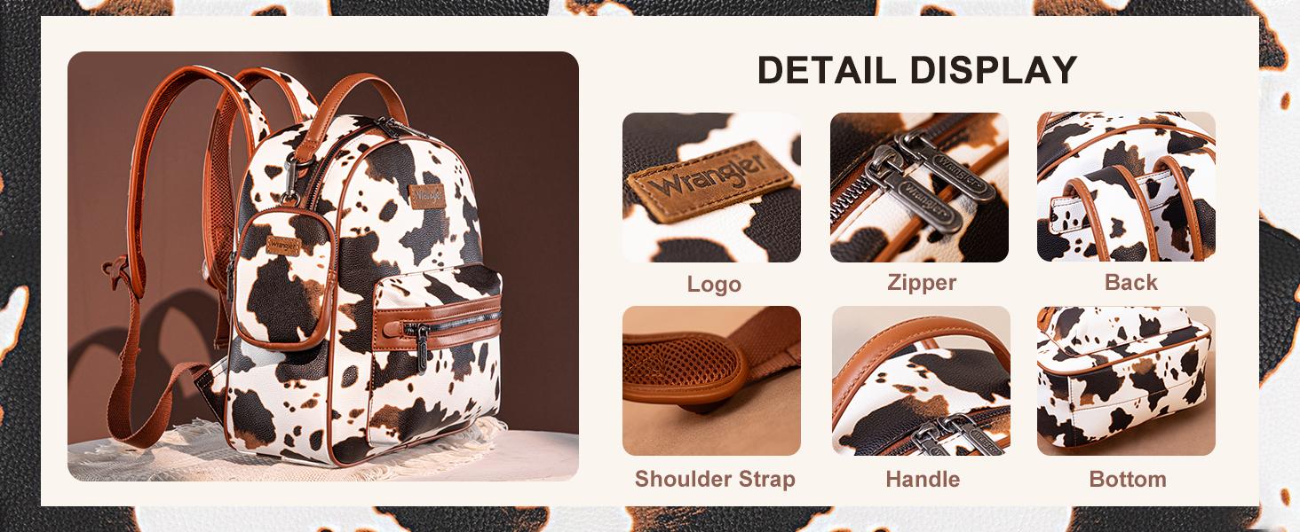 Wrangler Medium Cow Print Backpack Cute Daypacks Bookbag Purse for Women Casual