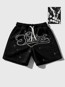 American Fashion Men's Trendy Stylish Shorts, Rhinestone Letter Design, Streetwear Style, High Visibility, Perfect for Casual