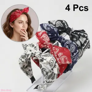 4 Pack 2026 New Vintage Paisley Bow Knot Wide Headband for Women with Bunny Ears Design Retro Hair Accessory Lightweight Comfortable for Daily Wear Party Gift Light Luxury Cute Cool US Design