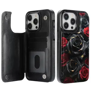 Creative Romantic Black and Red Rose Pattern Leather Card Holder Phone Case, Suitable for iPhone 17 Air/16 Plus/15 Pro Max/14 Pro/13/12/11/XS Max/X Phone Case, Perfect Gift for Thanksgiving and Christmas for Family, Friends, Lovers, Boyfriend, Girlfriend
