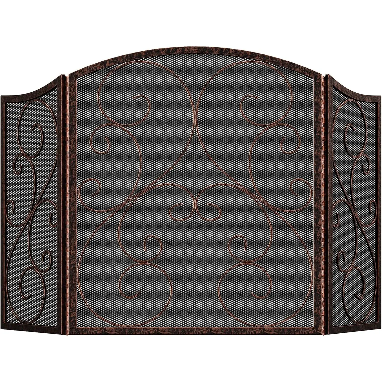 place Screen 3 Panel Wrought Iron Metal 48"(L) x30(H) Spark Guard Cover(Brushed Copper)