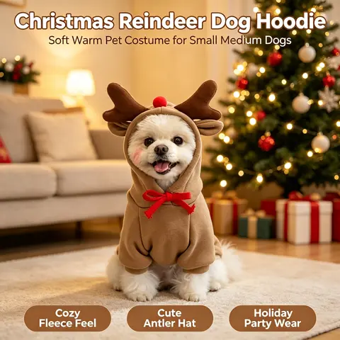 Dog Christmas Reindeer Hoodie - Small-Medium Sizes, Casual, Warmth - Festive Holiday Pet Costume Winter Apparel