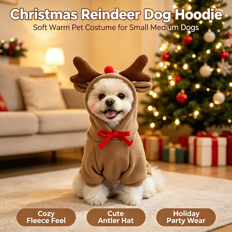 Dog Christmas Reindeer Hoodie - Small-Medium Sizes, Casual, Warmth - Festive Holiday Pet Costume Winter Apparel