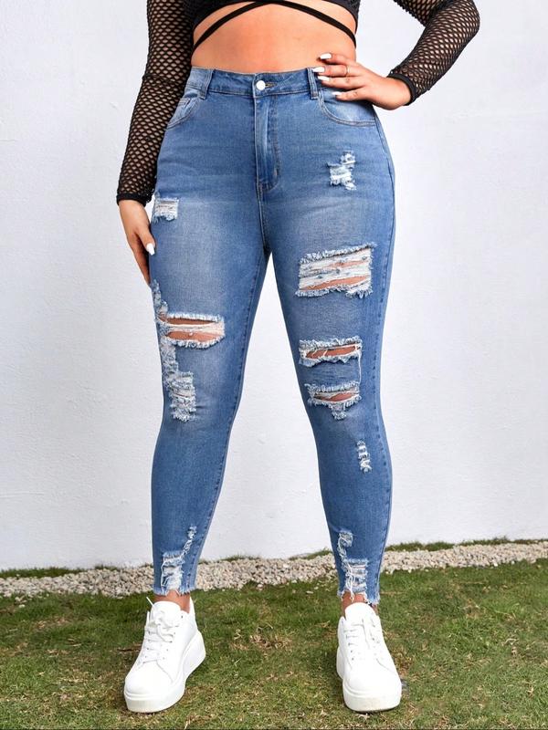 High Waist Ripped Denim Jeans, Stretchy Plus Size Skinny Fit Pants, Casual Fashion for Women, Comfortable Daily Wear