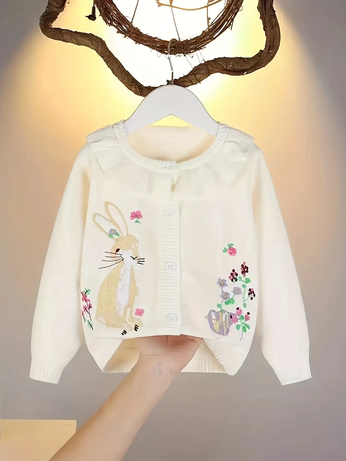 Girls' Rabbit Embroidered Ruffle Collar Button Front Cardigan, Knitted Long Sleeve Sweater for Kids, Cute Winter Fashion Apparel Knitwear
