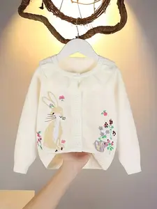 Girls' Rabbit Embroidered Ruffle Collar Button Front Cardigan, Knitted Long Sleeve Sweater for Kids, Cute Winter Fashion Apparel