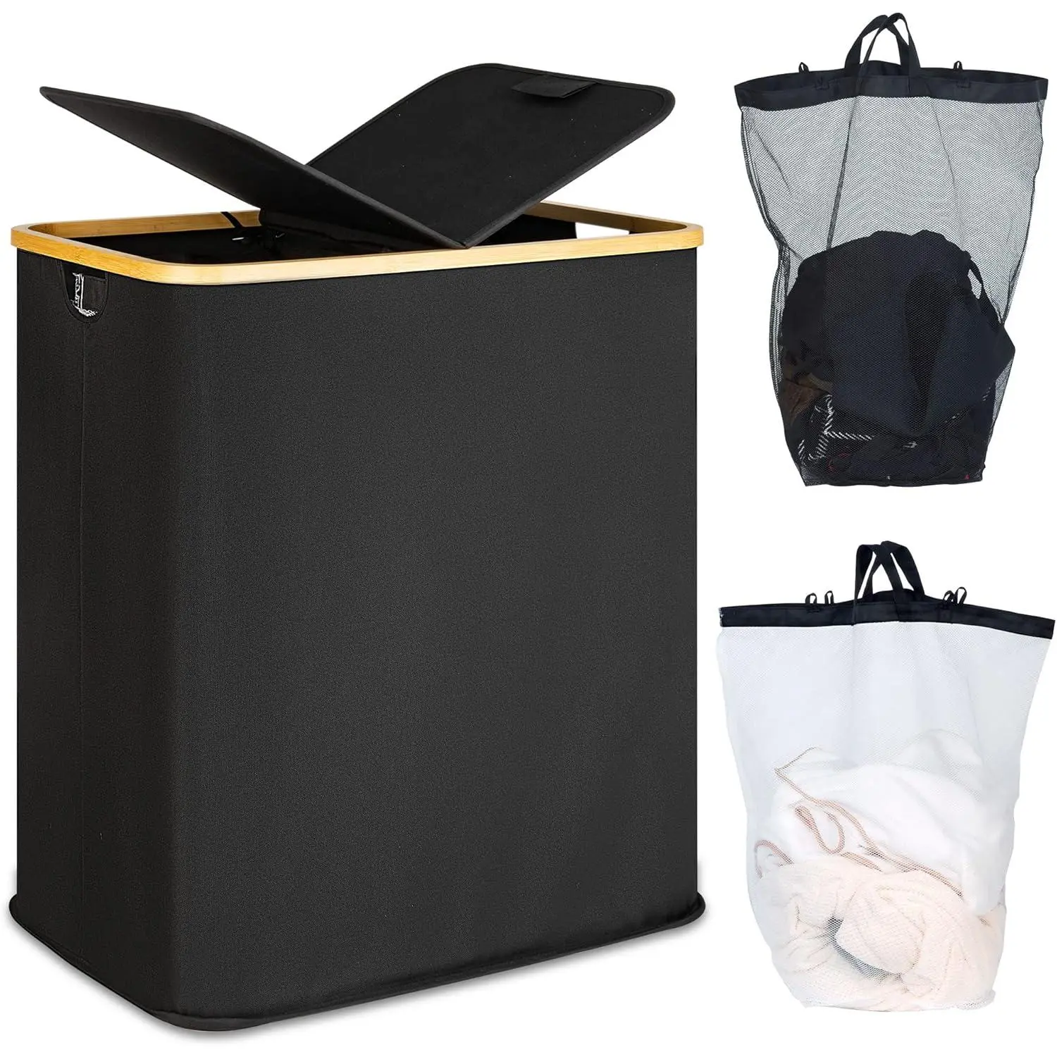 Laundry Hamper with Lid, Double Laundry Hamper with 2 Removable Bags, 2 Section Laundry Basket with  Handles for Bathroom, Bedroom & Laundry Room, 140L (36.9 Gallon) Black