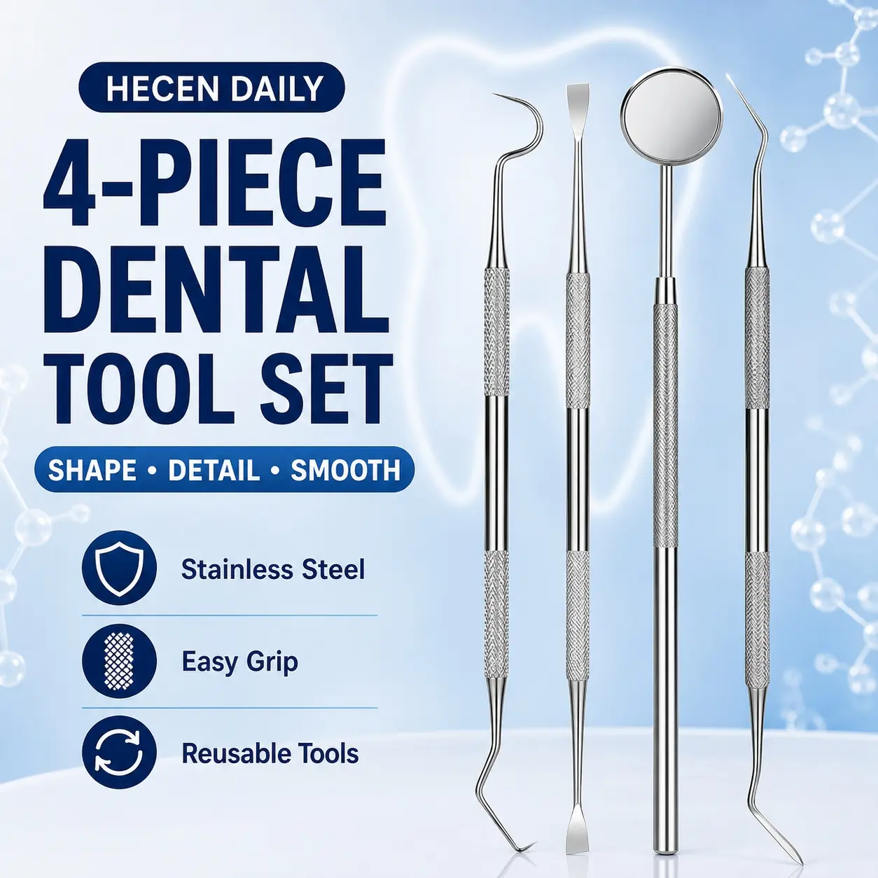 4-Piece Dental Tool Set, Stainless Steel Manual Oral Care Accessory with Mirror and Easy-Grip Handle for Cleaning Oral Care Kit Oral Hygiene Tool