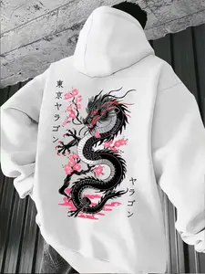 Men's Dragon & Cherry Blossom Graphic Print Hoodie, Casual Loose-Fitting Long Sleeve Sweatshirt for Spring & Fall, Stylish Pocketed Hooded Top