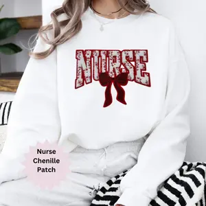 Nurse Red Toile Patch Sweatshirt, Womenswear Oversized Soft Sweaters Crewneck Casual Fit,  Chenille Patches