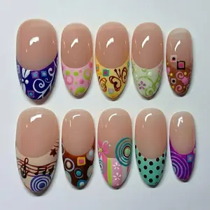 Retro 90s Press On Nails, Abstract Floral French Tip, Y2K Almond Style