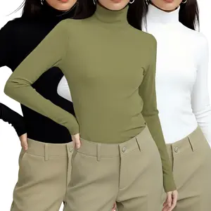 3Piece Women's Warm Turtleneck Crop Shirts - Long Sleeve Slim Fit Ruched Thermal Tees for Spring Fall Loungewear Basic Sleepwear