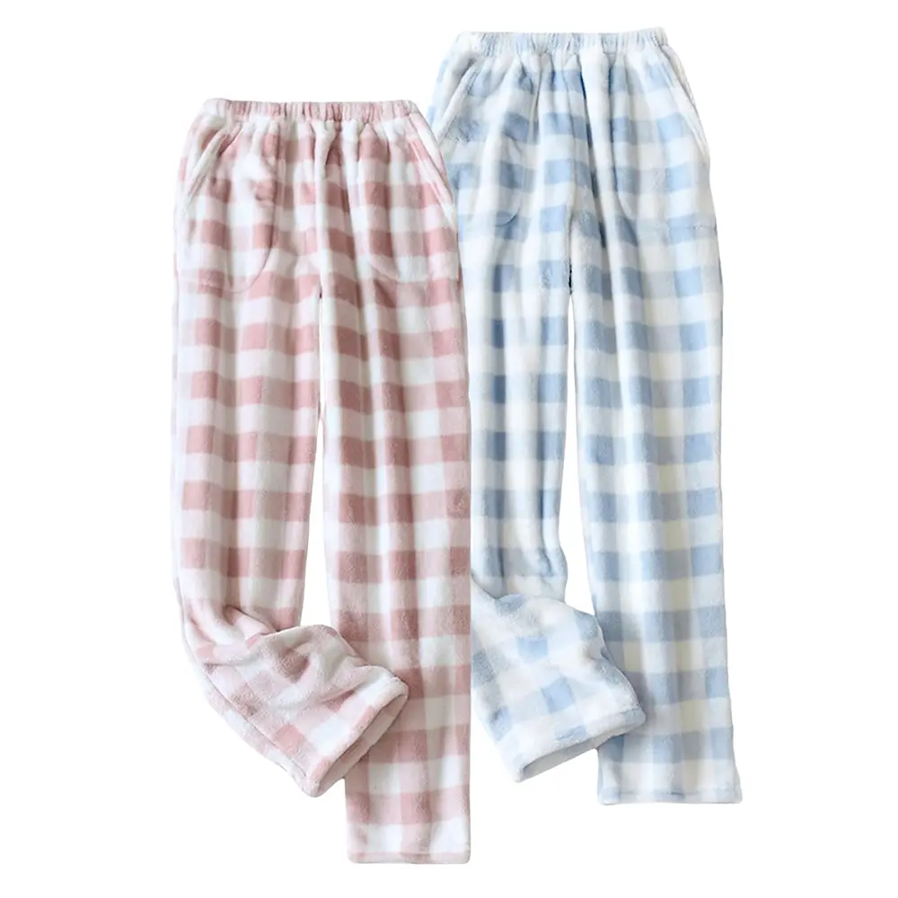 Yimoon Women's Coral Fleece Plaid Pajama Pants, Soft Flannel Plush Sleep Pants with Pockets, Warm Loose-Fit Fuzzy Lounge Pants for Women, Cozy Winter Pajama Bottoms