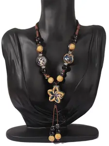 Vintage Sweater Chain for Women, Long Ceramic Necklace, Stylish Handmade Flower Tassel Pendant, Trendy Yunnan Craft Jewelry, High End Necklace