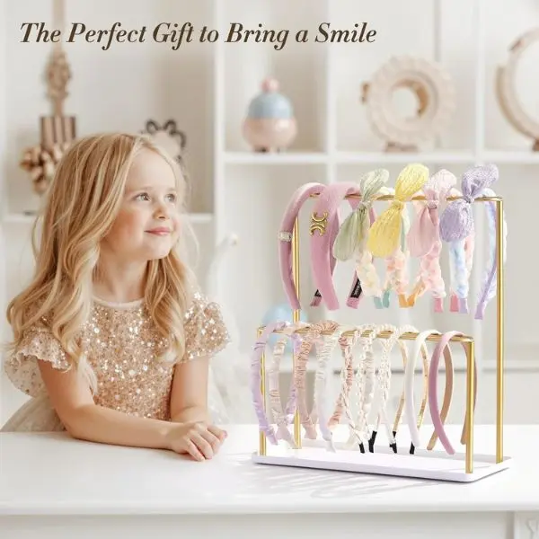 Headband Holder Organizer with Tray, 2 Tier Gold Metal Hair Accessory Organizer Stand, Headband Display, Necklace Holder, Scrunchie & Hair Tie Storage