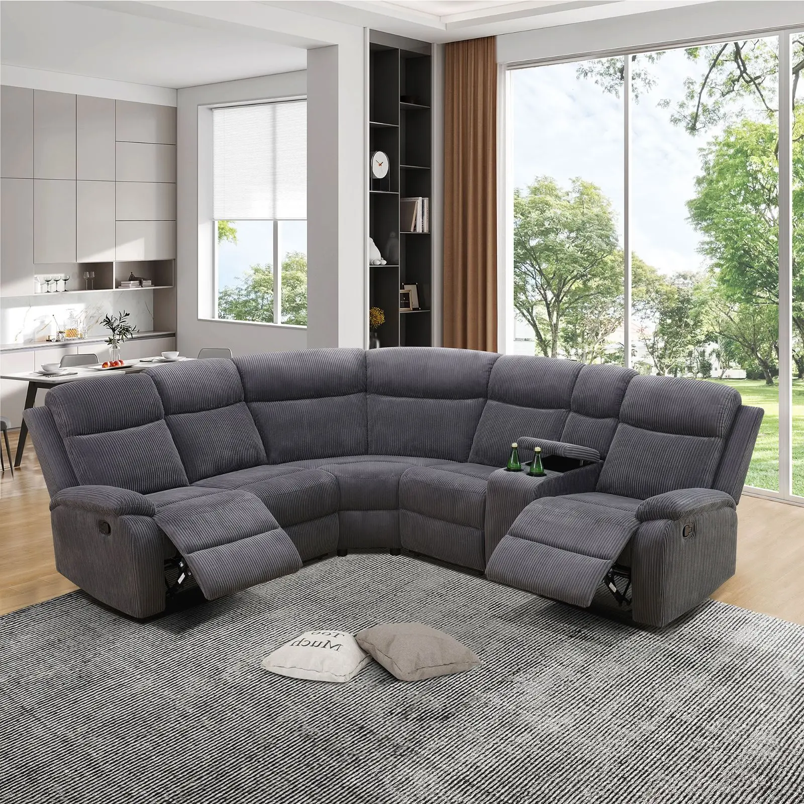 Dark Grey Stripe Fabric Living Room Recliner Intelligent 3-Piece Sofa Set with Thick Stuffed Texture Soft Handfeel and Luster
