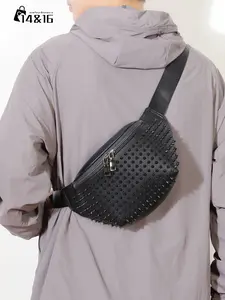 Men's Waist Bag Chest Pack Adjustable Strap Running Commute Sports Outdoor Trendy Rivet Zipper Streetwear Back to School Backpack