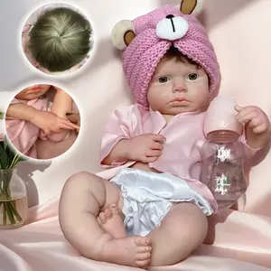 18 Inch Cute Full Body Solid Silicone Girl Doll With Rooted Hair 3D Painted Skin Waterproof Flexible Handmade Reborn Doll Toys For Children's Festival Gift