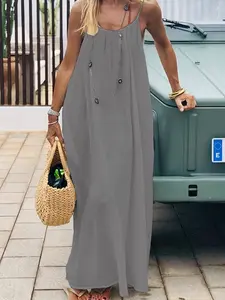 Women's Solid Color Cami Lounge Dress, Elegant Sleeveless Long Dress for Summer, Ladies Sleepwear for Indoor Wear