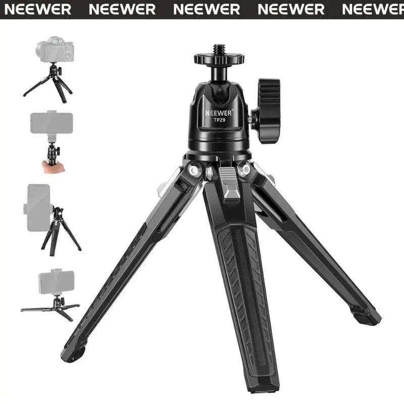 NEEWER TP29 Mini Metal Table Tripod with 360° Ball Head, Supports Vertical Recording and Handle, Portable Travel Tripod with 1/4 Inch Screw for Camera Mobile Phone Action Cam, Max. Load 3 kg