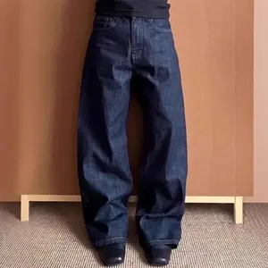 New Denim Blue A-Line Wide-Leg Jeans for Men, Autumn and Winter American Retro Pants, Raw Denim Straight-Leg Flared Pants