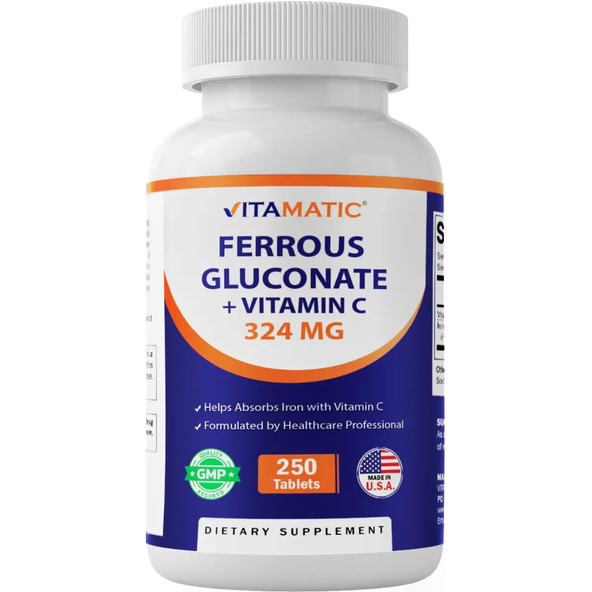 Vitamatic Ferrous Gluconate 324mg + Vitamin C 100mg Dietary Supplement - Gentle on Stomach, No Artificial Colors, 250 Tablets, Made in USA, Edible, Daily Nutrition, Vegetarian, 0-Sugar, Dietary Supplements, Edible Dietary Supplement