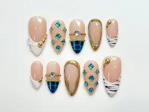 Blue Gem Nude Press On Nails for Luxury Women | Modern Gold Press Ons | Almond Luxury Nails | Chic Designer Inspired Nails