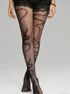 Snake Pattern Jacquard Fishing Net Women's Fishnet Socks, Stylish & Comfortable Fit Footwear, Perfect for Daily Wear, Trendy Design