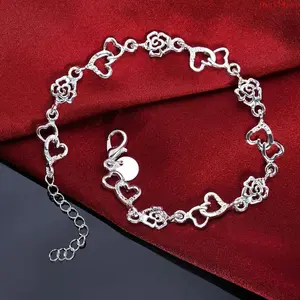 Exquisite 925 Sterling Silver Bracelet for Women, Heart & Flower Charm Chain Design, Shiny Fashion Jewelry Perfect for Wedding, Party, Daily Wear & Romantic Gifting for Ladies