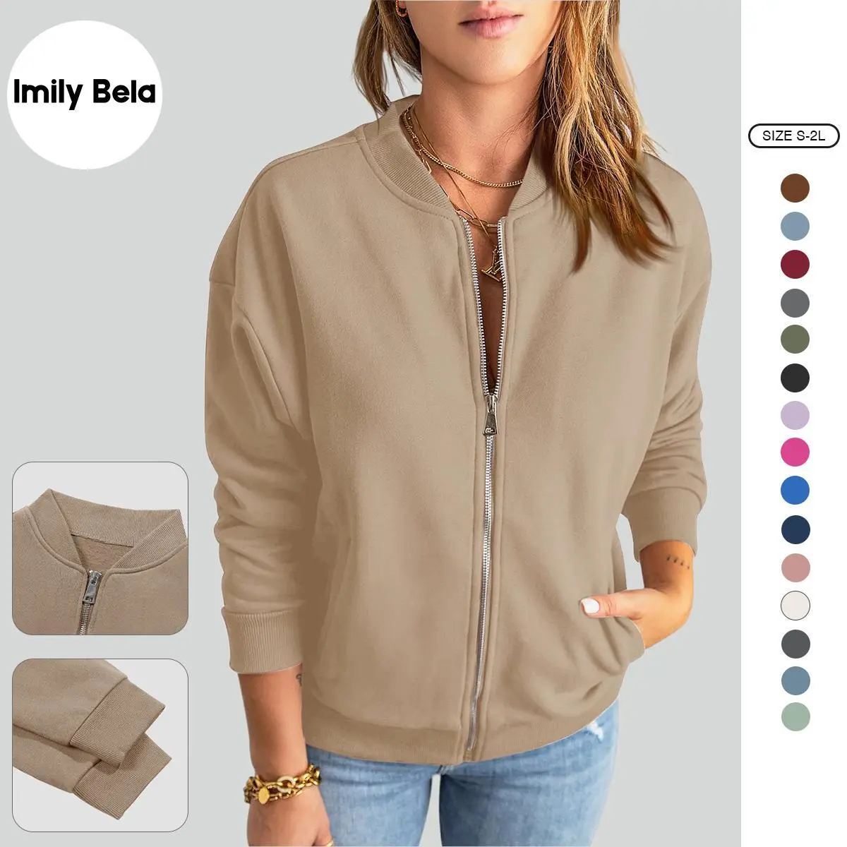 Imily Bela Women's Long Sleeve Soft Cotton Crew Neck Zip-Up Lightweight Sweatshirt Coat, Ribbed Casual Loose Bomber Outerwear with Kangaroo Pockets, Jacket, Lady, Casual Fit, Full Zipper, Loose Cut, Style, Tops, Clothes, Layering Outfits, Wardrobe Staples
