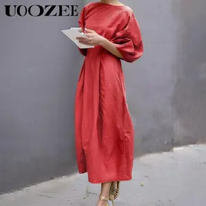 UOOZEE women's short-sleeved loose long skirt - solid color round neck casual summer comfortable daily elegant linen fabric comfortable breathable daily commuting dress (the size is too large, it is recommended to order a size smaller)