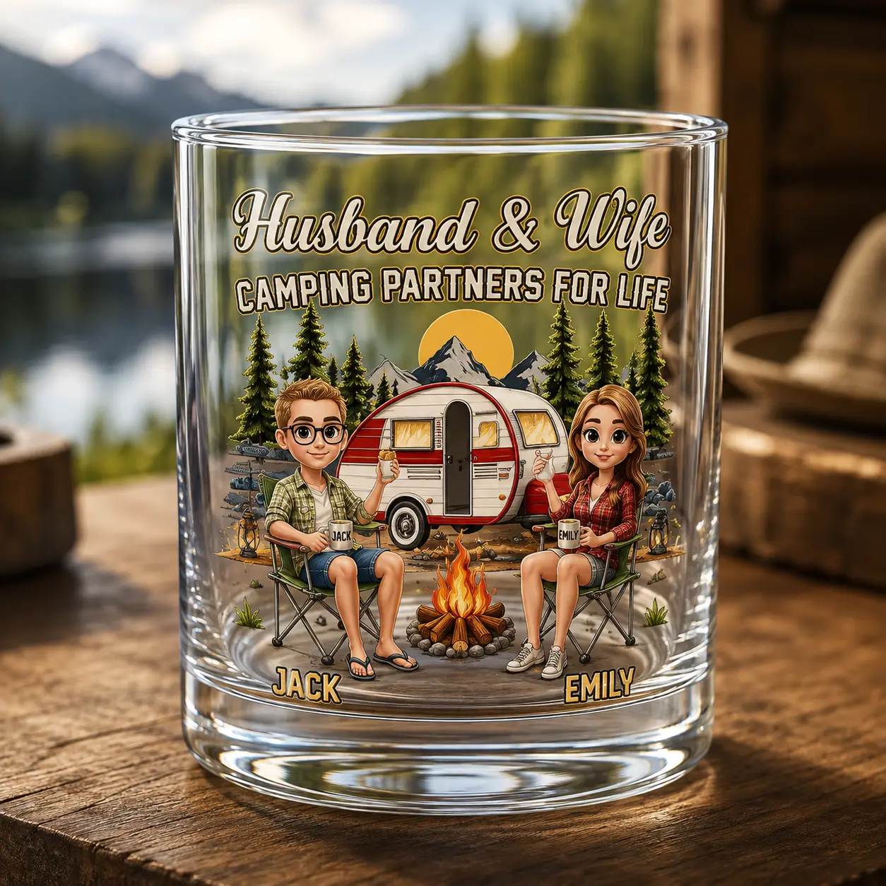 Camping Partners For Life Gift, Personalized Husband & Wife Camping Whiskey Glass, 11oz Whiskey Tumbler, Custom Couple Whiskey Glass, Personalized Camper Gift, Husband Wife Gift, Outdoor Adventure Drinkware, Anniversary Gift, Christmas Gift