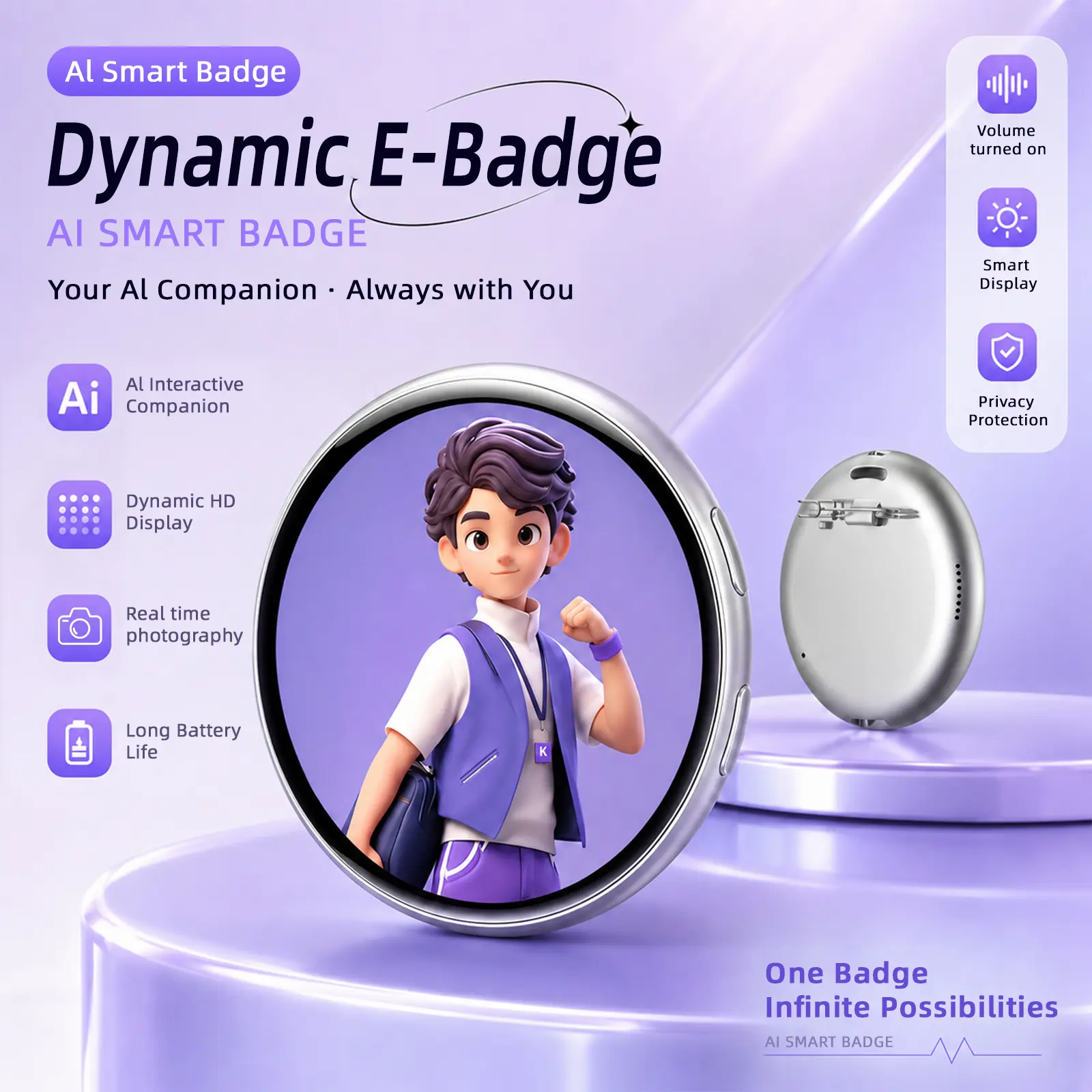AI Smart Electronic Badge with 1.7" Touch Screen, Custom GIF Video Display, Bluetooth Photo Transfer, Voice Recording & AI Chat, Wearable Digital Badge for Events, Festivals, Cosplay & Gifts Name Tag Personalized Nametags
