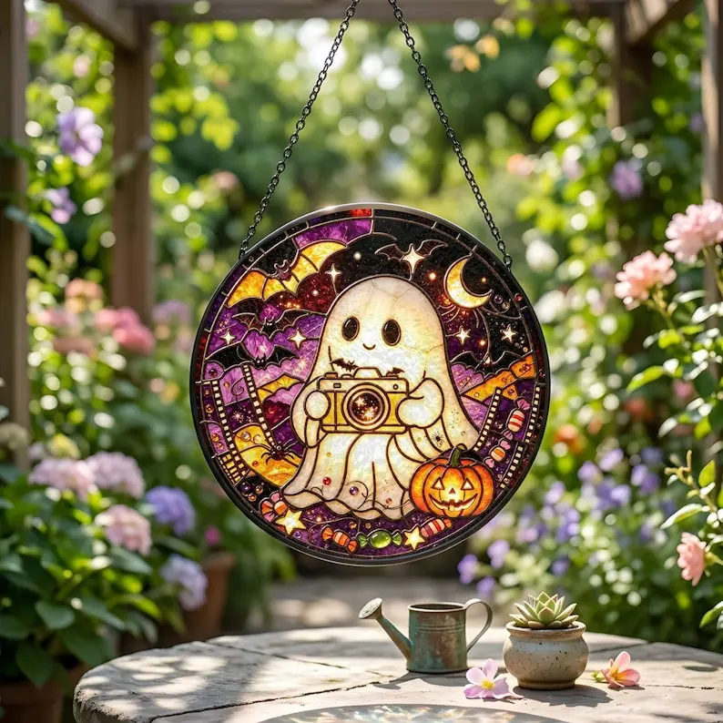 Cute Ghost Photographer Stained Glass Suncatcher, Spooky Ghost with Camera Window Hanging Decor, Pumpkin Bat Halloween Ornament Gift