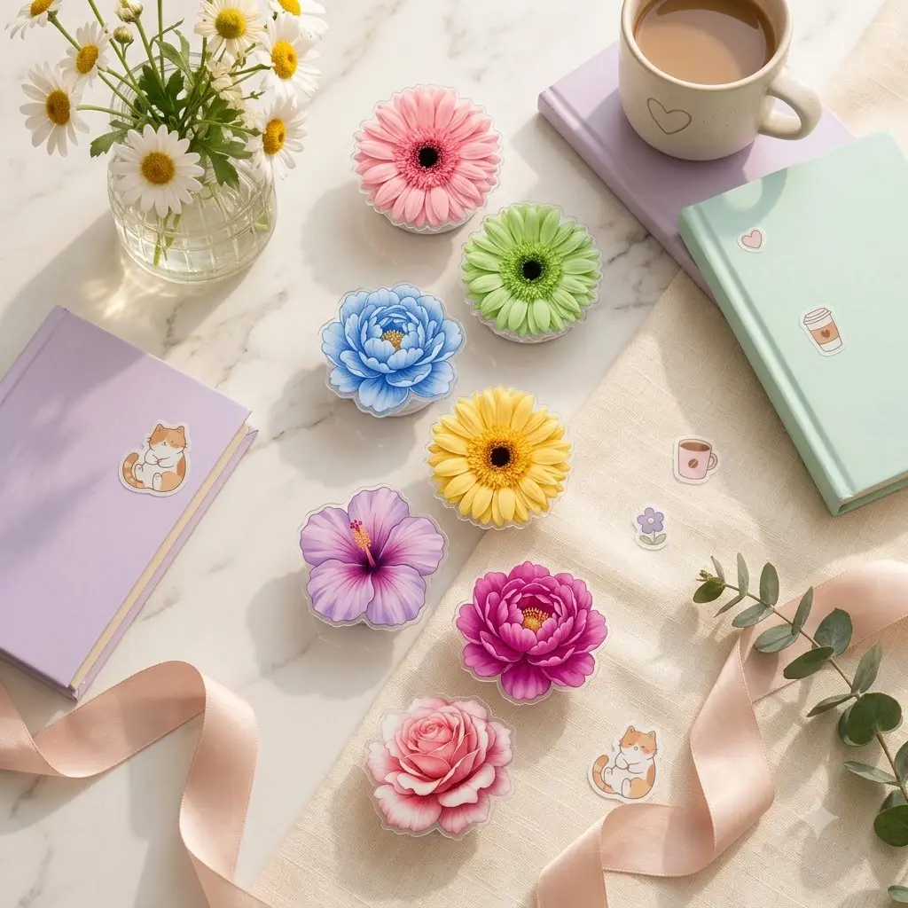 Aesthetic Flower Phone Grip, 2D Acrylic Mobile Stand Holder, Cute Floral Design Phone Holder, Trendy Accessories Gift For Her